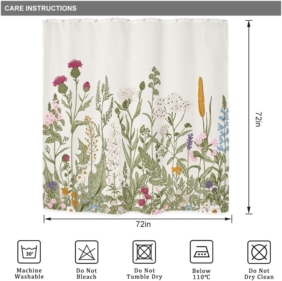 Riyidecor Thicken Heavy Duty Fabric Floral Shower Curtain for Bathroom Decor 72Wx72H Inch Wildflower Green Leaves Botanical Decorative Bath Set Plants Bathroom Accessories Waterproof 12 Pack Hooks