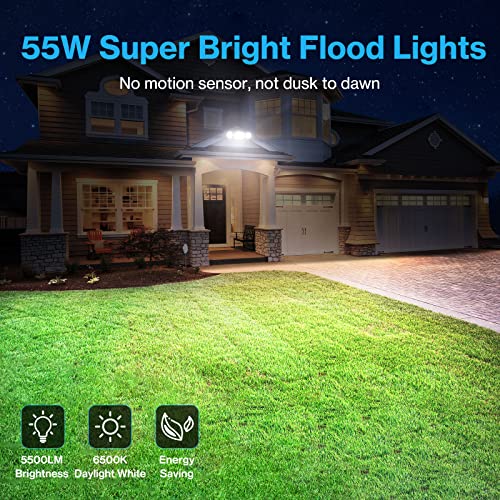 Olafus 55W Flood Lights Outdoor, 2 Pack LED Security Lights 5500LM, 6500K Outdoor Flood Light Fixture, 3 Adjustable Heads, IP65 Waterproof Brown Exterior Flood Light for Yard, Garage, Wall/Eave Mount