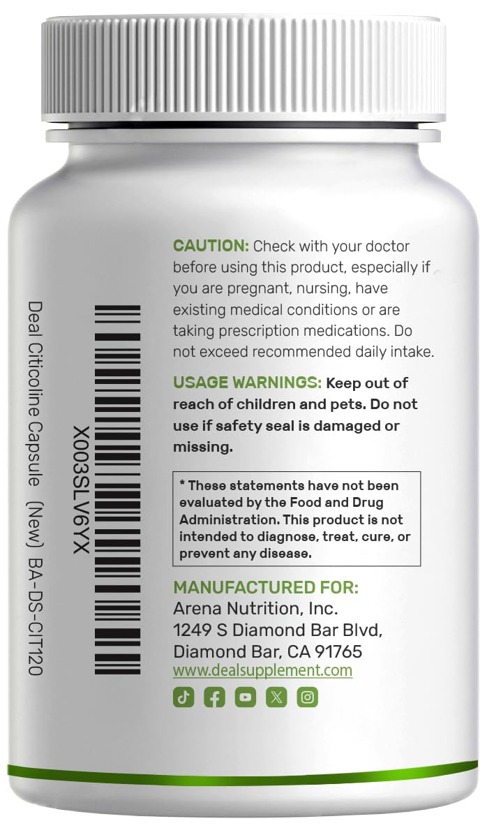 Citicoline CDP Choline, 1,000mg Per Serving, 120 Capsules – Extra Strength Choline Supplements – Nootropic B Vitamin Properties – Promotes Brain Health, Memory, & Focus – Non-GMO — Amazon image 7