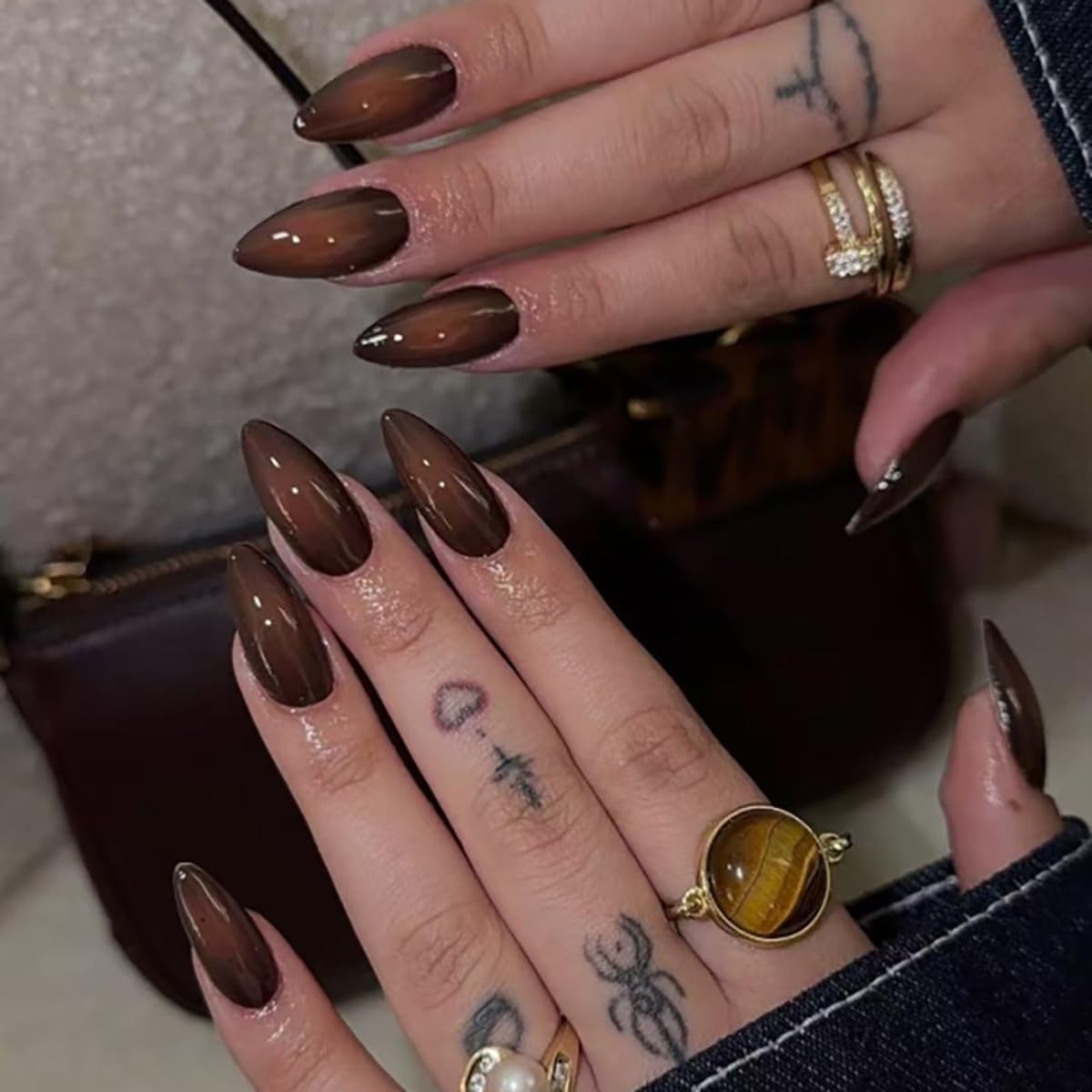 Brown Ombre Press on Nails Medium Almond False Nails 24Pcs