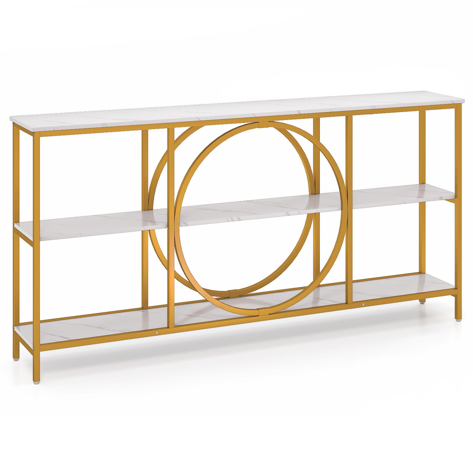 LIFEZEAL 180 cm Konsolentisch, 3-stöckiger Flurtisch Eingangstisch, Schmaler Beistelltisch Sofatisch mit Metallbeinen für Wohnzimmer, Flur, Eingang (Weiß + Golden)