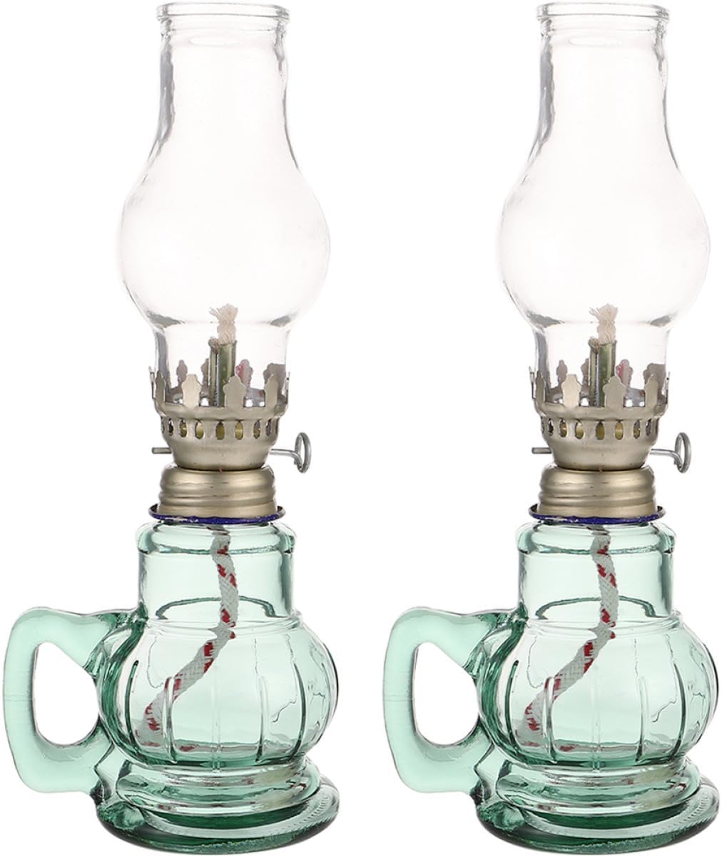 2pcs Retro Glass Oil Lamps with Wicks, Blue Vintage Kerosene Lanterns for Emergency Home and Outdoor Lighting