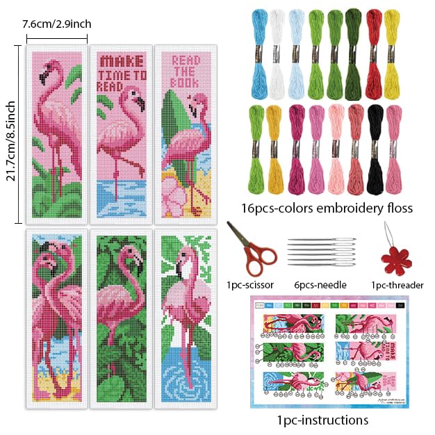 Image of INFUNLY 6PCS Flamingo Cross Stitch Bookmarks Kit Pink Handmade Cross Stitch Bookmarks Make Time to Read DIY Cross Stitch Bookmark Set with Backing Felt Floss Instruction for Adult Book Lovers