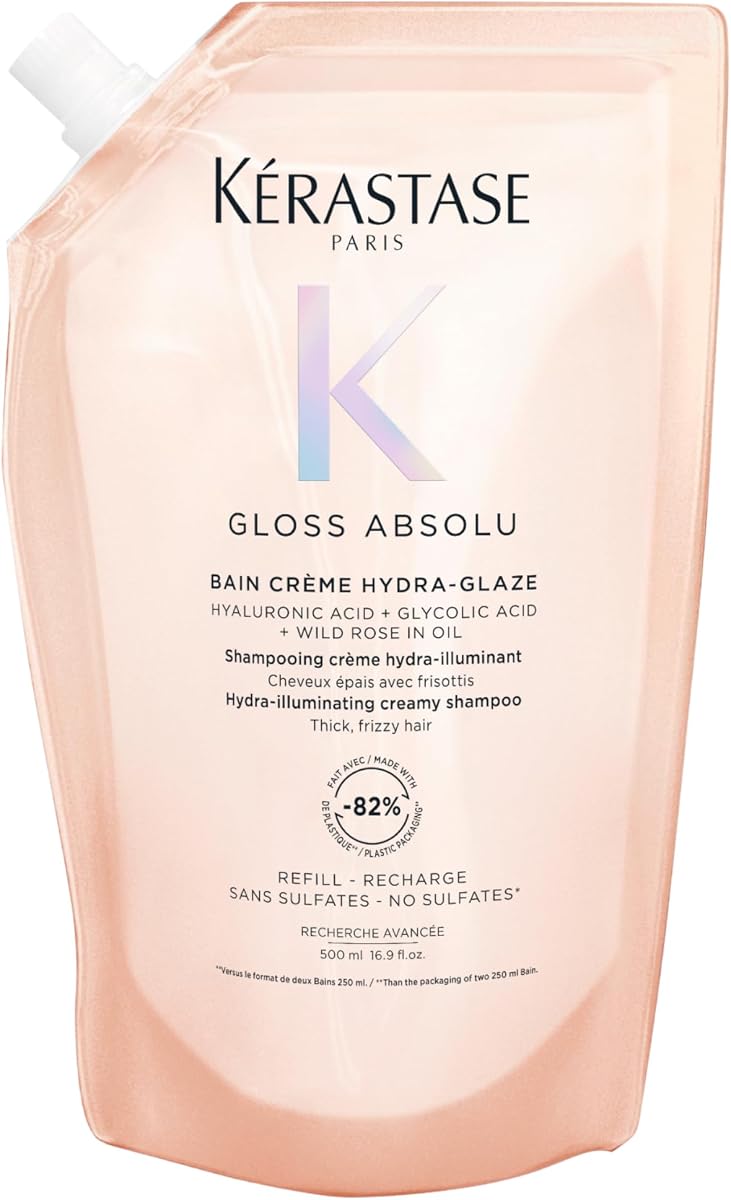 KÉRASTASE Gloss Absolu Bain Crème Hydra-Illuminating Refill Pouch Shampoo, Sulfate-Free Anti-Frizz Formula for Thick Frizzy Hair, Shine and Smoothness with Hyaluronic Acid, 16.9 Fl Oz