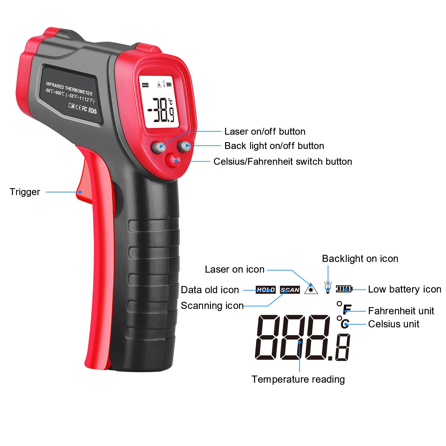Infrared Thermometer Gun, Non-Contact Laser Thermometer Temperature Gun -58℉～1112℉, Adjustable Emissivity Temp Gun Thermometer, Temperature Measurement Gun for Cooking, BBQ, Pizza Oven