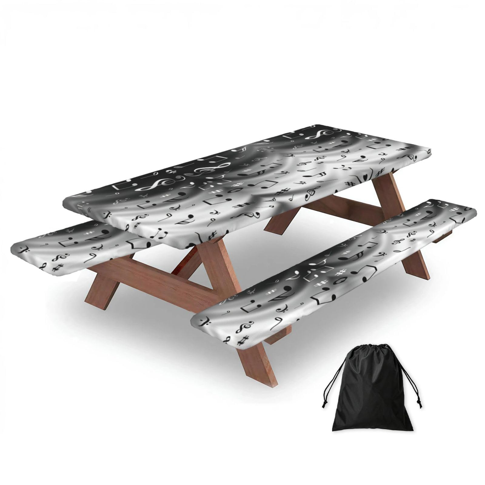 Duwaa Black Music Print 183Cm Picnic Table Cover With Bench Covers, Waterproof Elastic Tablecloth Set For Outdoor