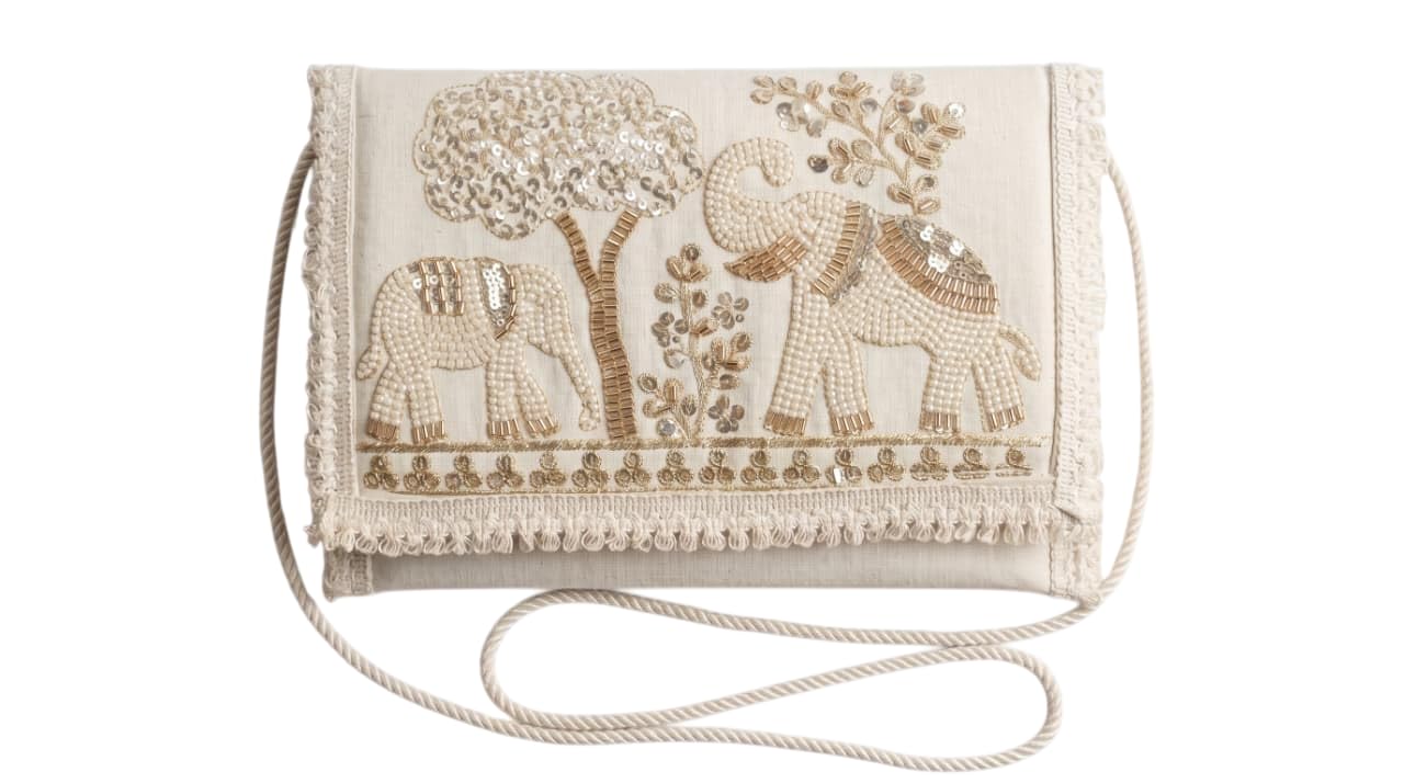 Handmade Elephant Embroidered Clutch Sling Bag, Ivory, Beaded and Sequin Work, Bohemian Style-image-21