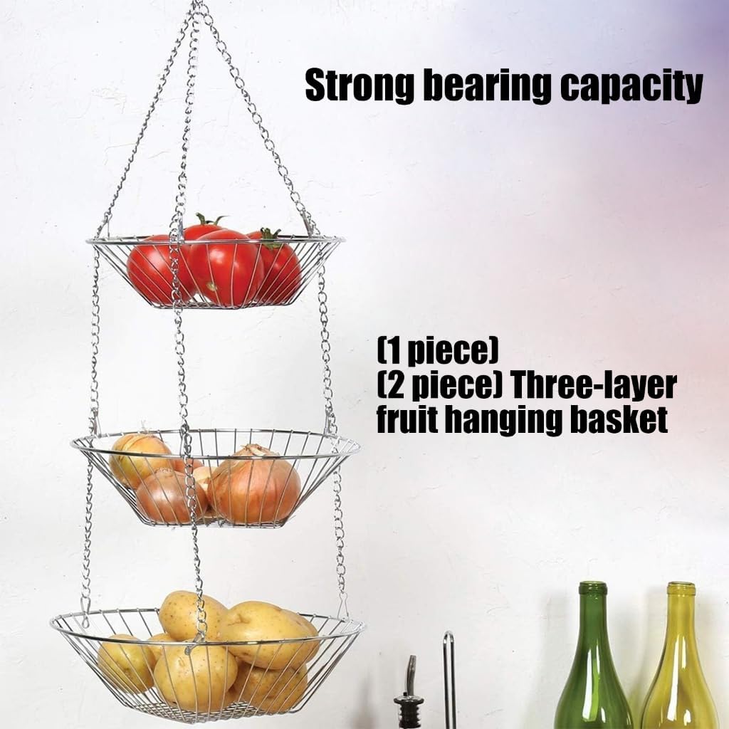 Adjustable Chain Hanging Basket 3 Layer For Organizing Fruits Vegetables In Homes