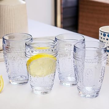 Darthome Set of 4 Blue Embossed Glass Tumblers 300ml Water Drinking Glasses Boxed