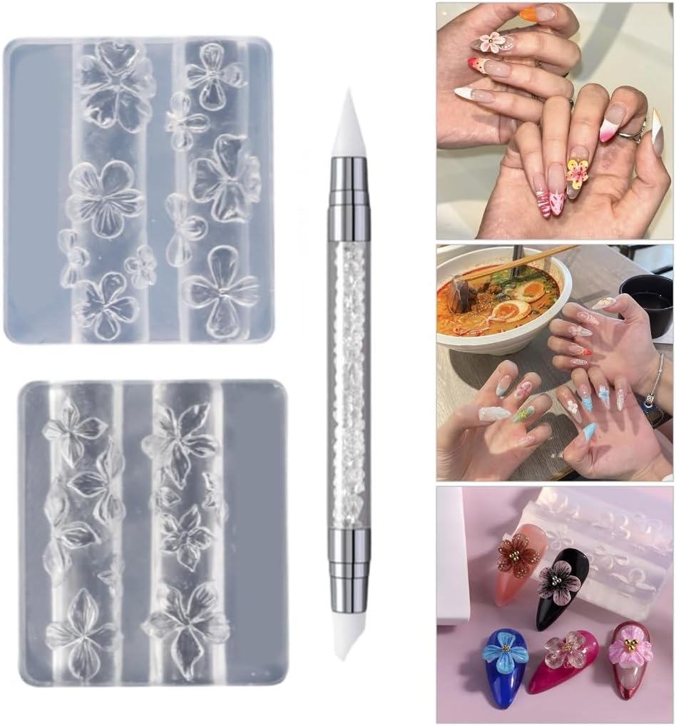 Reusable Silicone Nail Art Flower Molds 2PCS with Carving Pen for Resin Epoxy Crafts