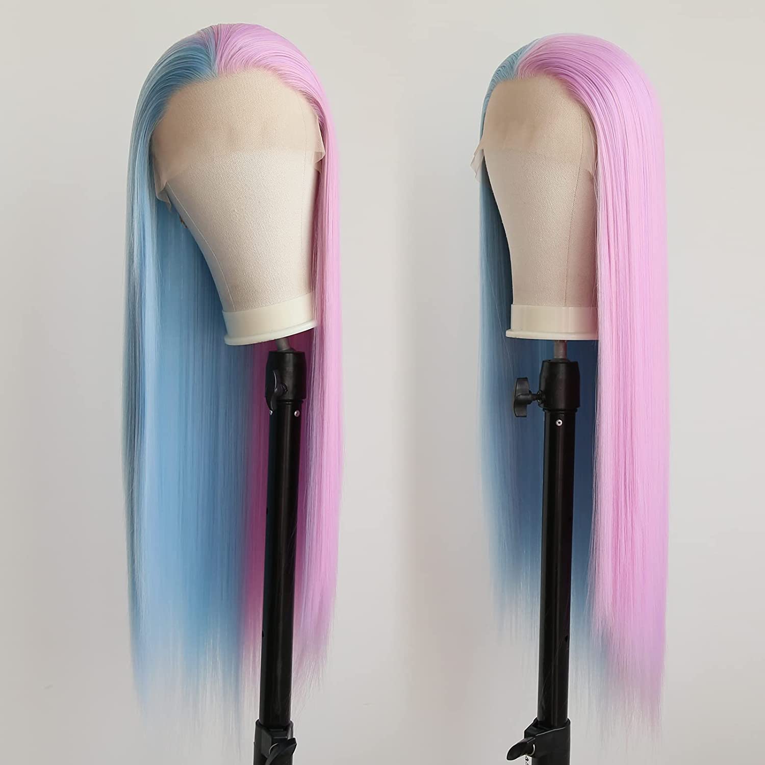 Xiweiya Synthetic Lace Front Wigs - Long Silky Straight Blue Half Pink Wigs - Heat Resistant
