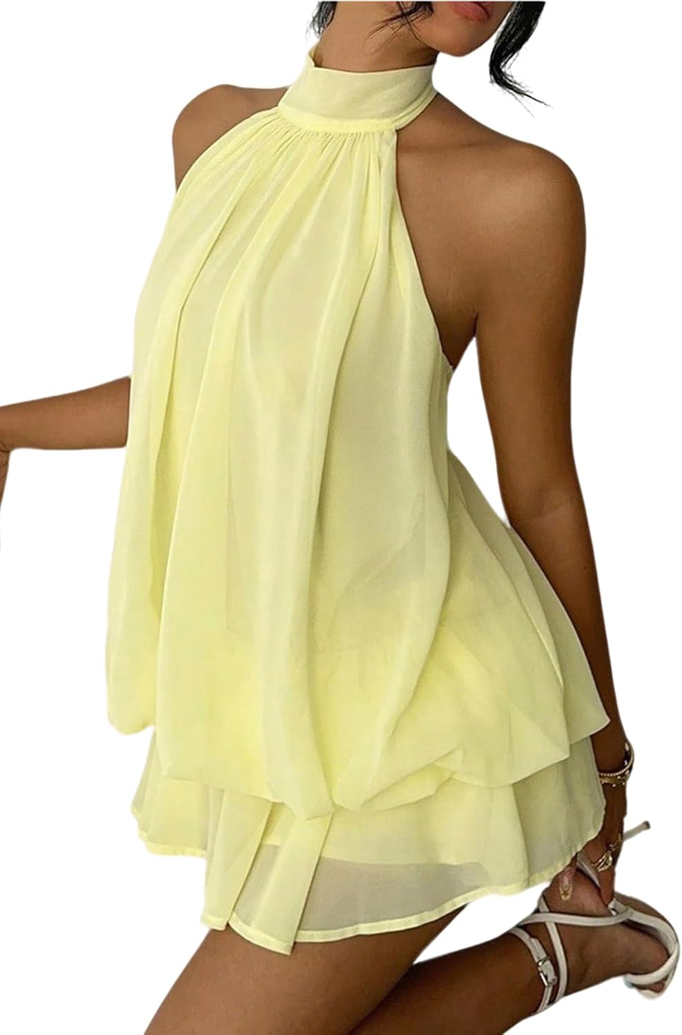 GORGLITTER Women's Halter Ruffle Mini Dress Sleeveless Open Back Chiffon Pleated A Line Wedding Guest Going Out Dresses - Image 2