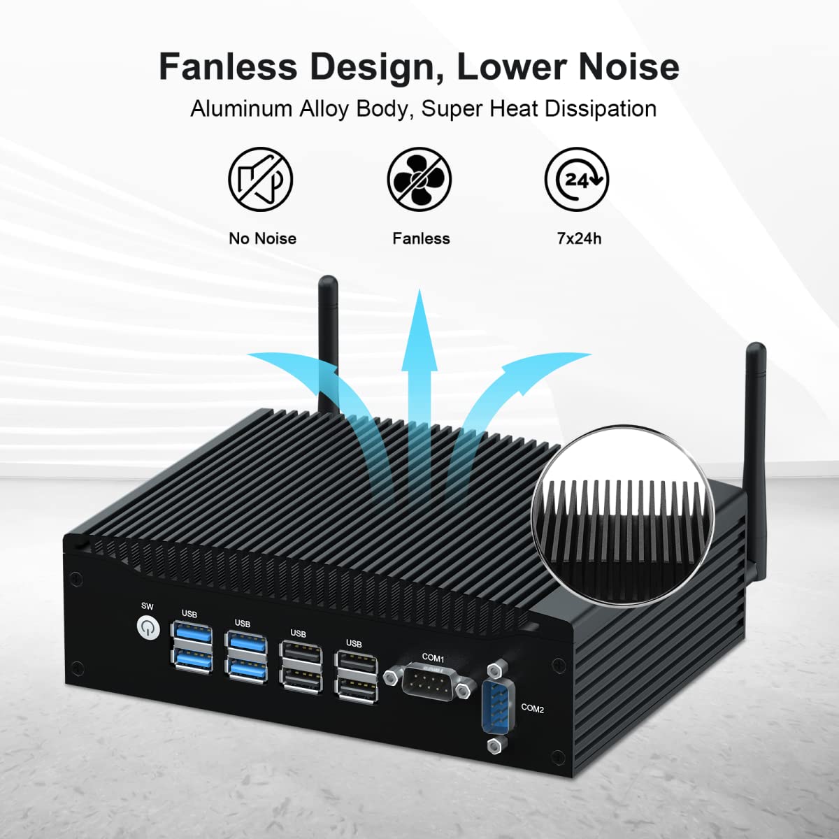 BASOARO Mini PC Fanless i5-8350U 16GB RAM 256GB SSD Win 11 Pro Dual RJ45 LAN 2 RS232 COM 2 HD Displays USB 3.0 WiFi BT