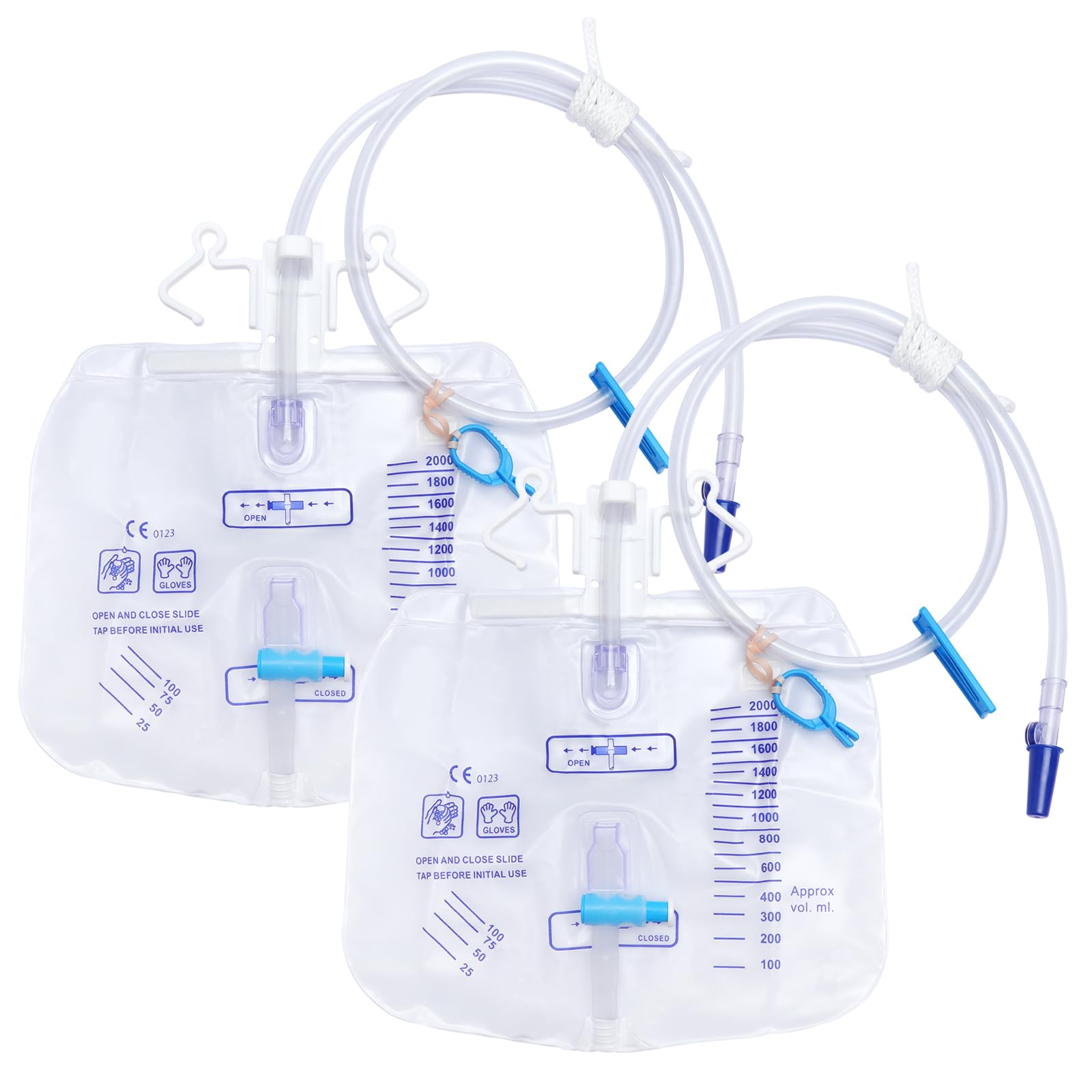 2 Stück Urindrainagesystem, Urinbeutel 2000ml mit Anti Reflux Ventil und Ablass, Urindrainagebeutel Drainagebeutel mit 100cm Schlauch (2000ml-2pcs)