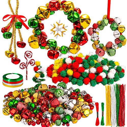 Whaline 536Pcs T Christmas Jingle Bell Wreath Christmas Tree Ornaments Craft Kit Jingle Bell Metallic Chenille Stems Glitter Pompoms Ribbon Cotton Rope For Kids Holiday Diy Xmas Tree Artwork #TOP15