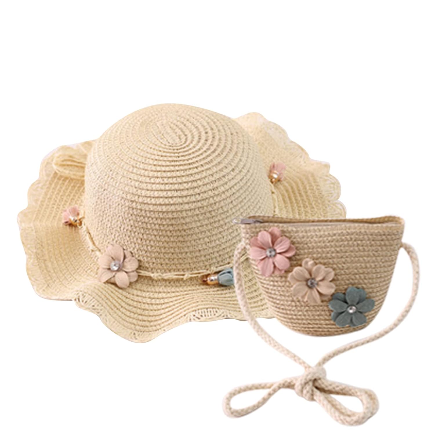 Girls Straw Hat 2-8 Age Tourism Sun Hat Flower Children Sun Hat and Bag Set Baby Outdoor Wide Brim Bucket Hats for Kid