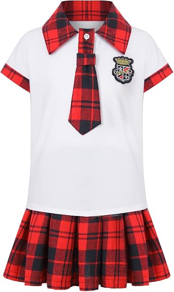 Girls JK School Uniform Dress Suit Short Sleeve Collared Shirt with Plaid Skirt Tie College Style Costume