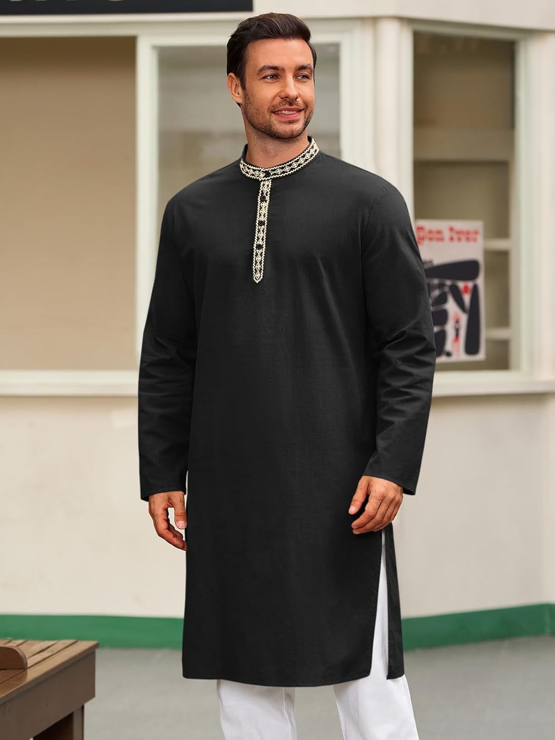 Runcati Mens Cotton Kaftan Robe Long Sleeve Button Down Henley Shirts Thobe Casual Side Split Gown Shirt - Image 2