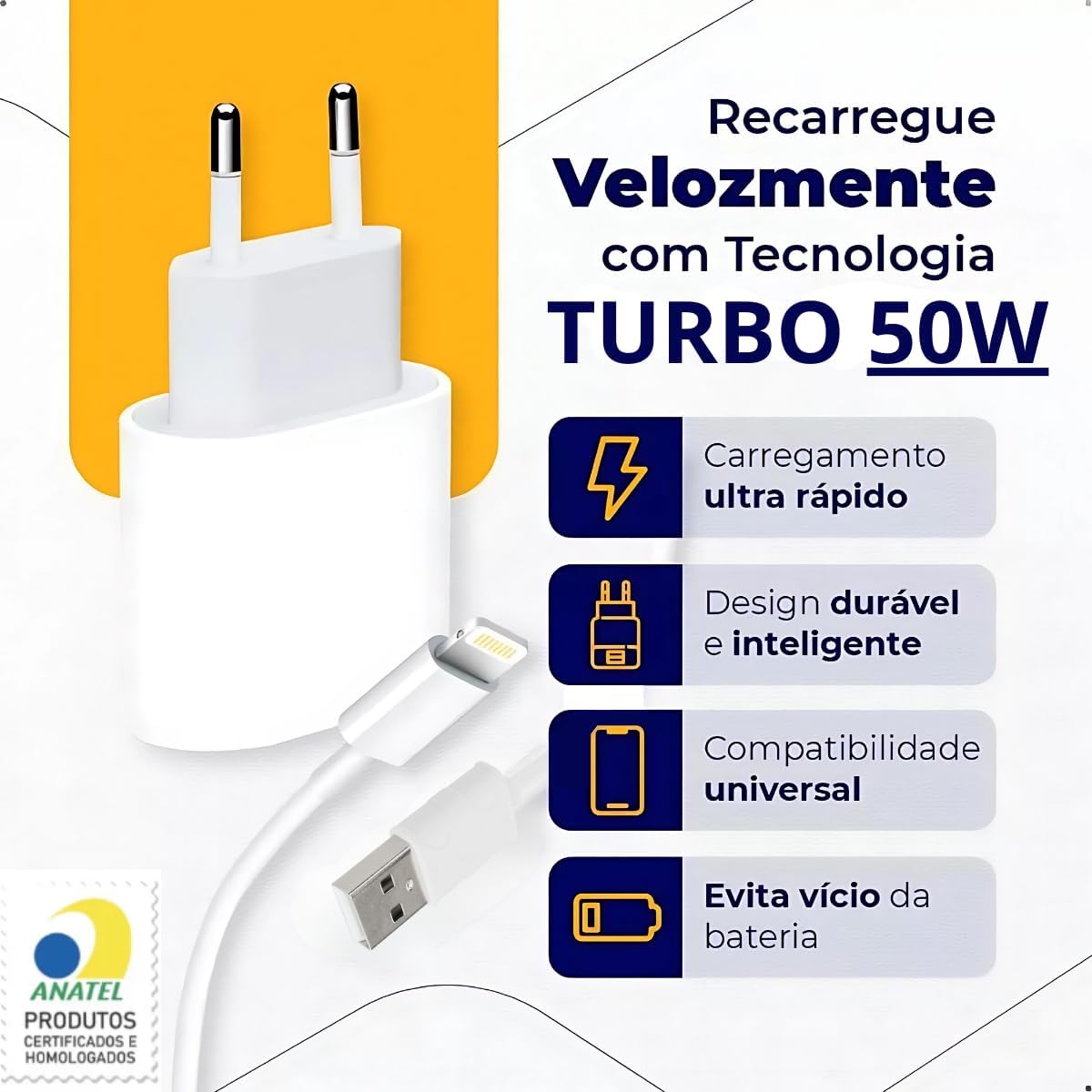 Carregador Turbo 50W + Cabo Compatível i.Phone - i.Phone X Xr 8 11 12 13 14 Plus Pro Max lPad, Duas Entradas USB e USBC, Fonte Tipo C + Cabo Lightnig - Kit Carregador Turbo 50W