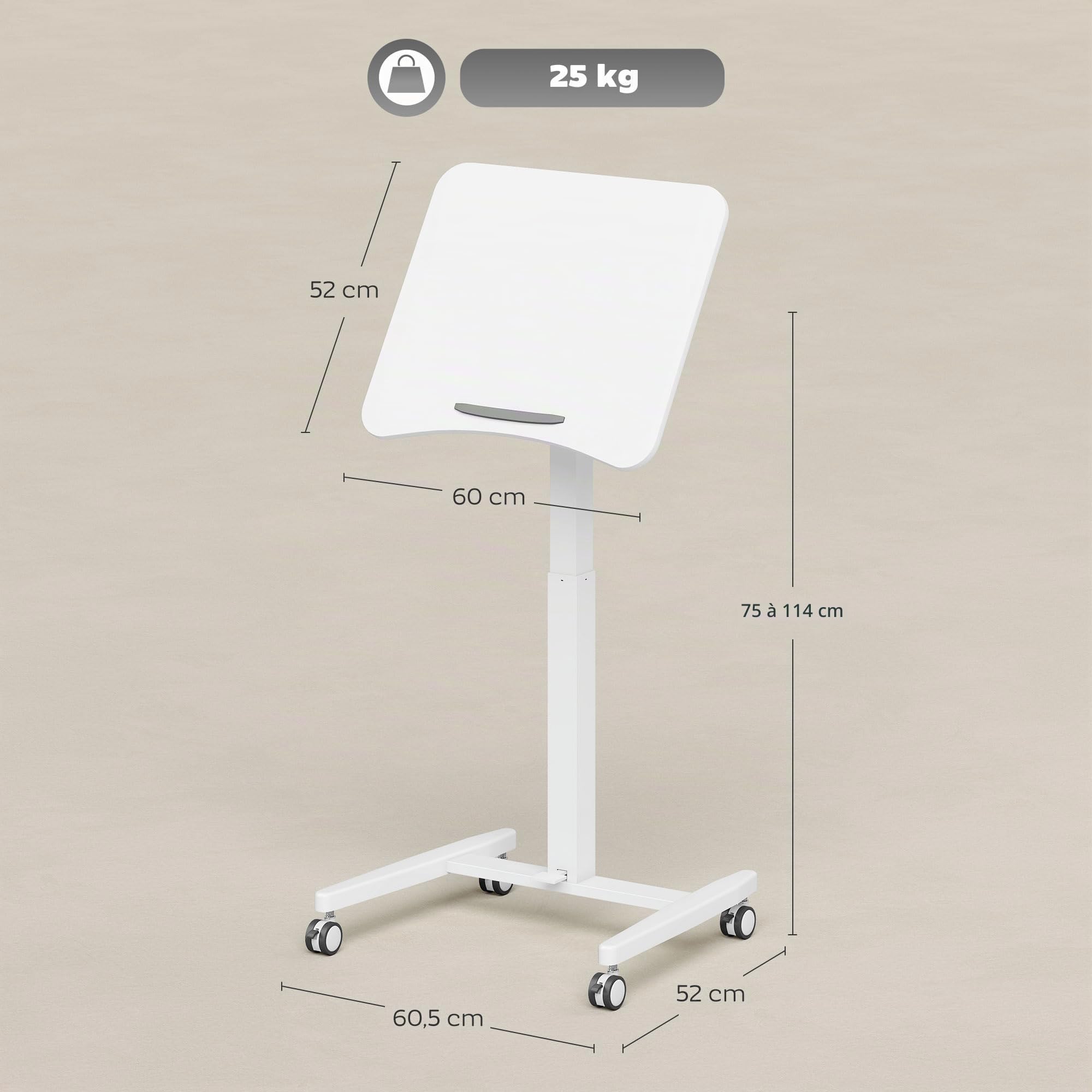 HOMCOM Table Ordinateur Portable à roulettes Réglable 75-114cm Blanc