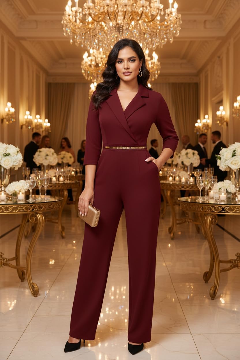 FANDEE Formal Jumpsuits for Women, High Waist Wide Leg Rompers Business Work 3/4 Sleeve One Piece Outfits with Pockets - Image 2