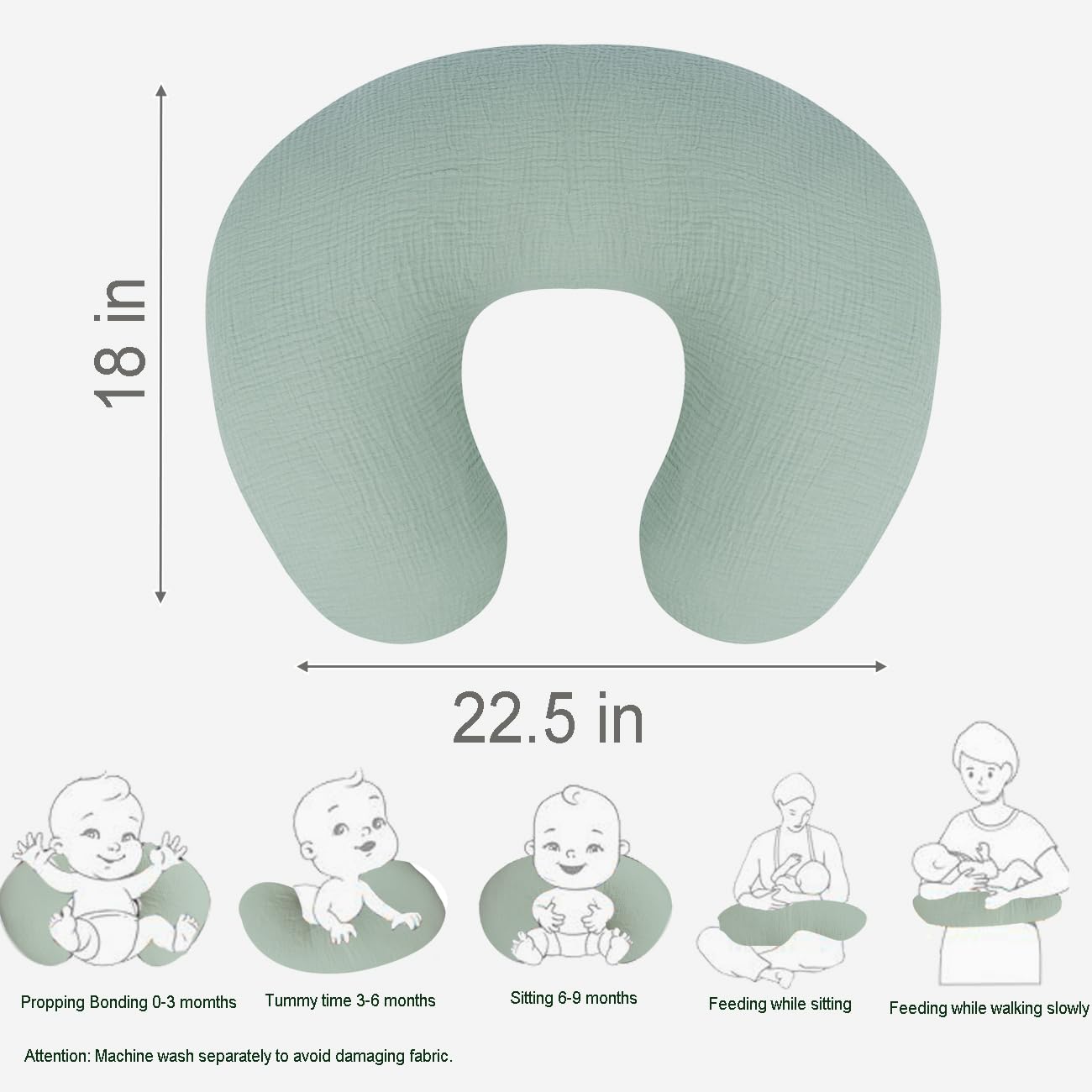 Nursing Pillow Cover - 2-Pack Muslin Cotton Removable Covers for Breastfeeding Pillows, Ultra-Soft Baby Feeding Pillowcase for Boy & Girl, Fits 22.5"x18" Pillows (Green Leaf & Sage Green) - Image 3