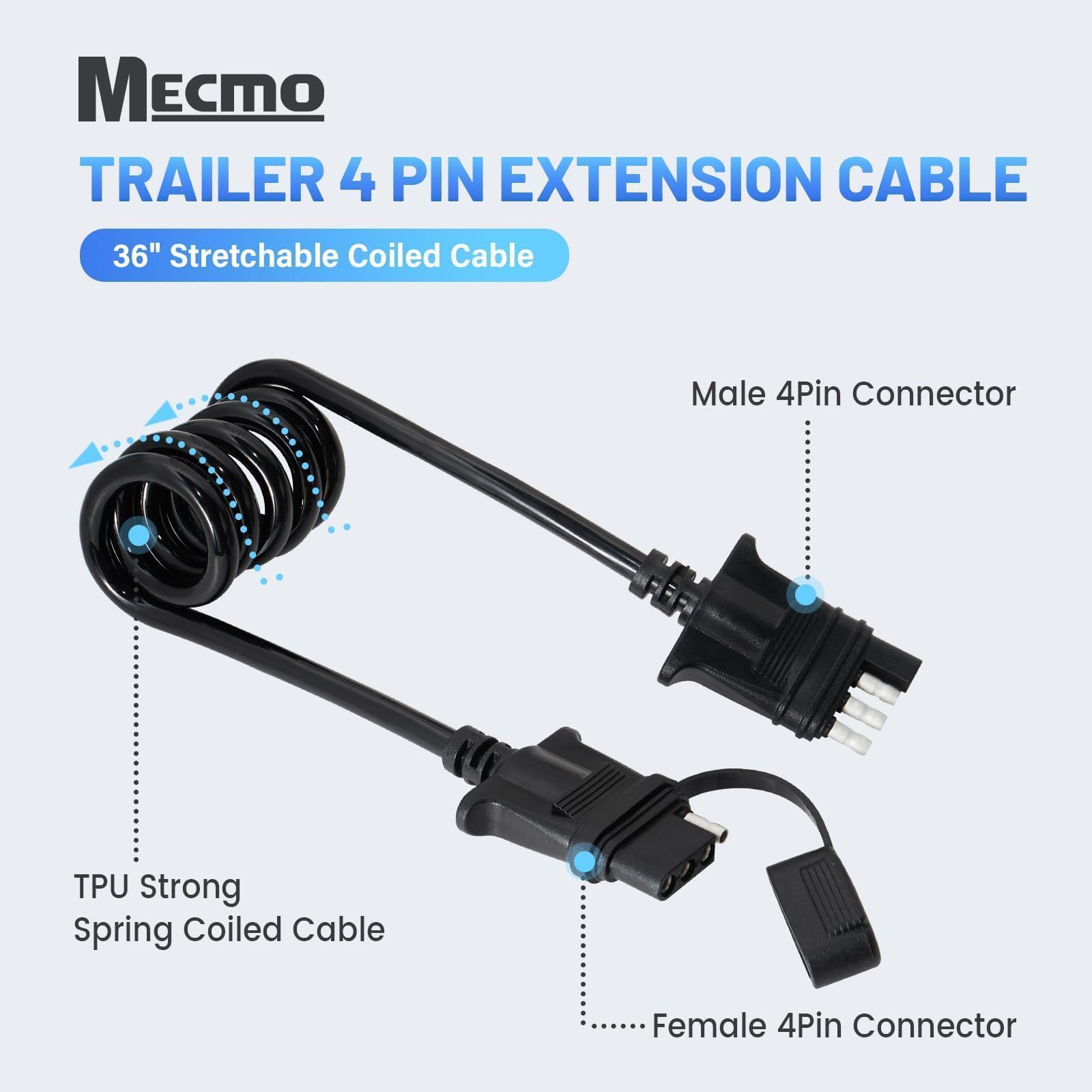 MECMO Extensión de cable plano de 4 vías para remolque, cable en espiral elástico de 3 pies y 36 pulgadas, adaptador en espiral macho y hembra de 4 pines, calibre 18, cable recubierto resistente,