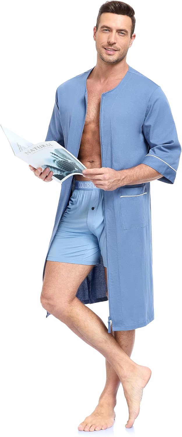 COLORFULLEAF Men's 100% Cotton Robe Soft Zipper Bathrobes Short Sleeve Summer Kimono House Coat with Pockets (Blue, L)