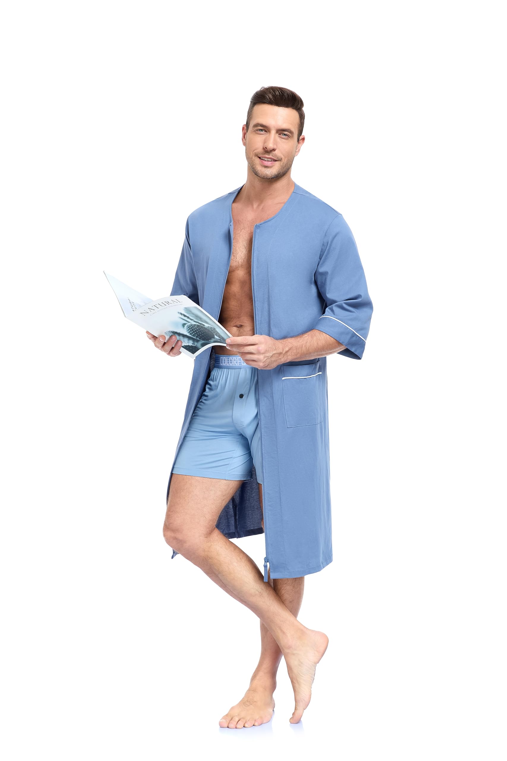 EA'S SECRET Herren 100% Baumwolle Morgenmantel Weicher Reißverschluss Bademantel Kurzarm Sommer Kimono Hausmantel Mit Taschen