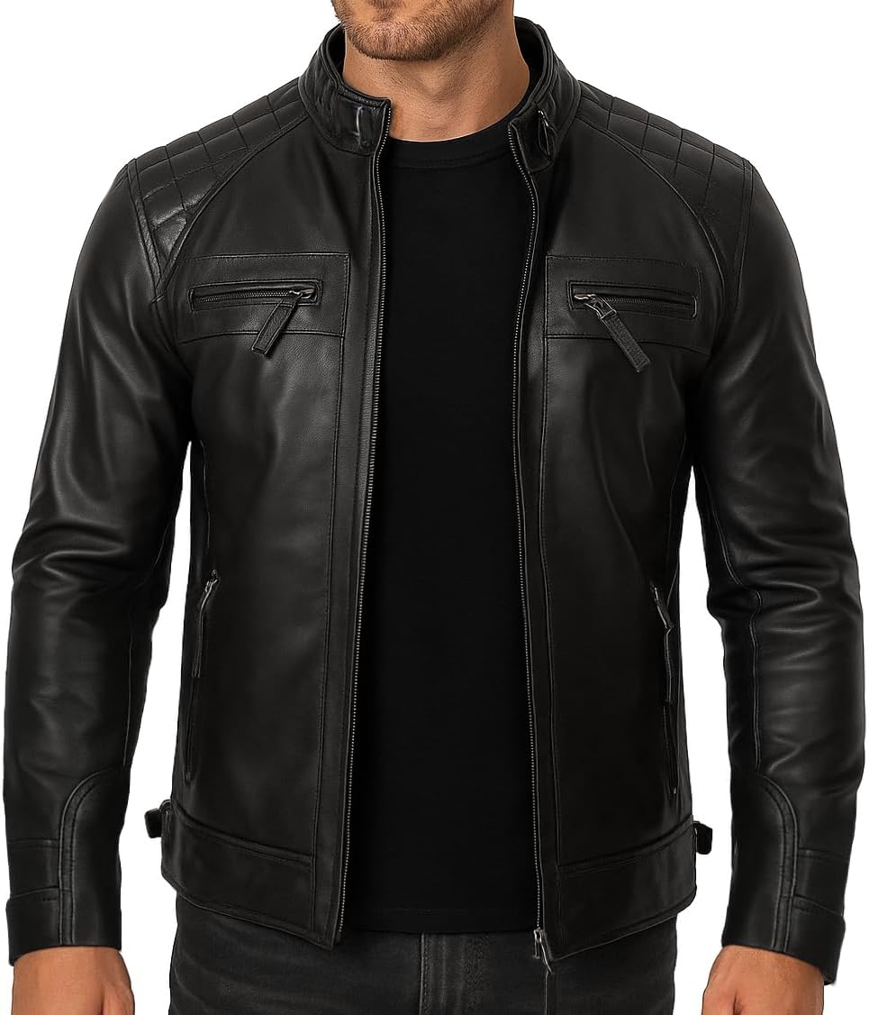 Cafe Racer Distressed Mens Lambskin Leather Jacket - Genuine Men Leather Jacket - Mens Leather Biker Jacket - Image 5