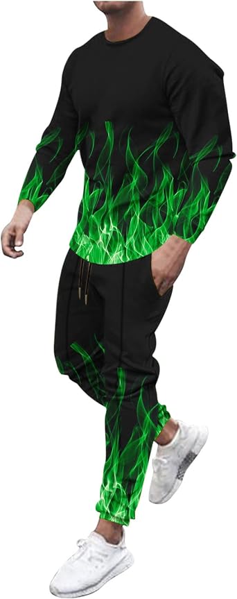 Mens Casual Tracksuit Long Sleeve Running Jogging Sweatsuit Causal Long Sleeve 3D Flame Print Sweatsuit 2 Piece