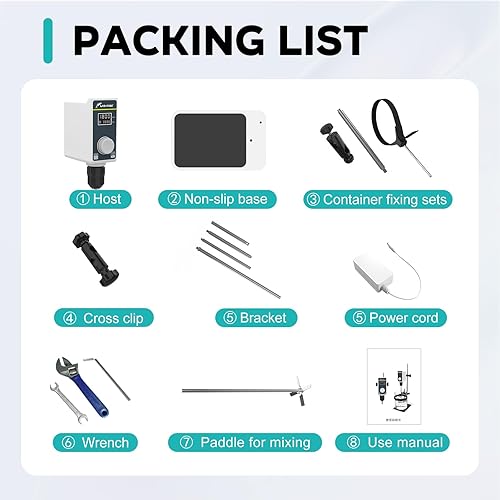 Miniatura 6 de LAB FISH Agitador de laboratorio Varilla de agitación y soporte de acero inoxidable Mezclador velocidad ajustable 100-1500RPM Capacidad 20L 20000