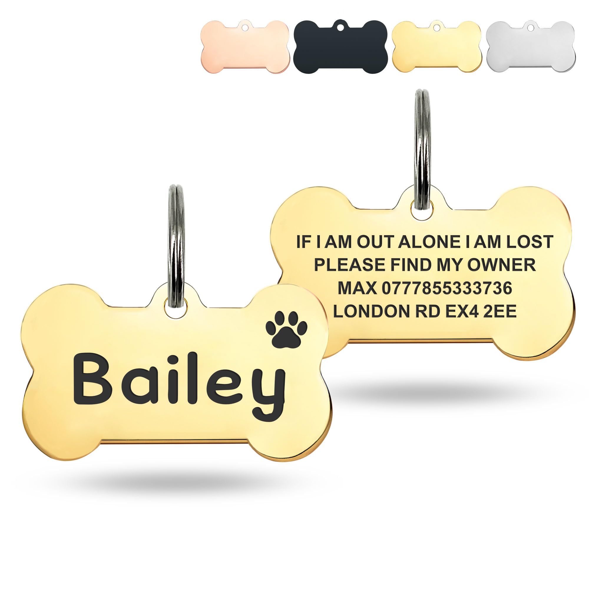 Deep Engraved Dog Tags for Pets UK Prime, Personalised Cat Dog Name ID Tags, Stainless Steel Pet Tag for Doggy Kitten Kitty Puppy, Scratch Resistant Tag (Gold Bone, L)