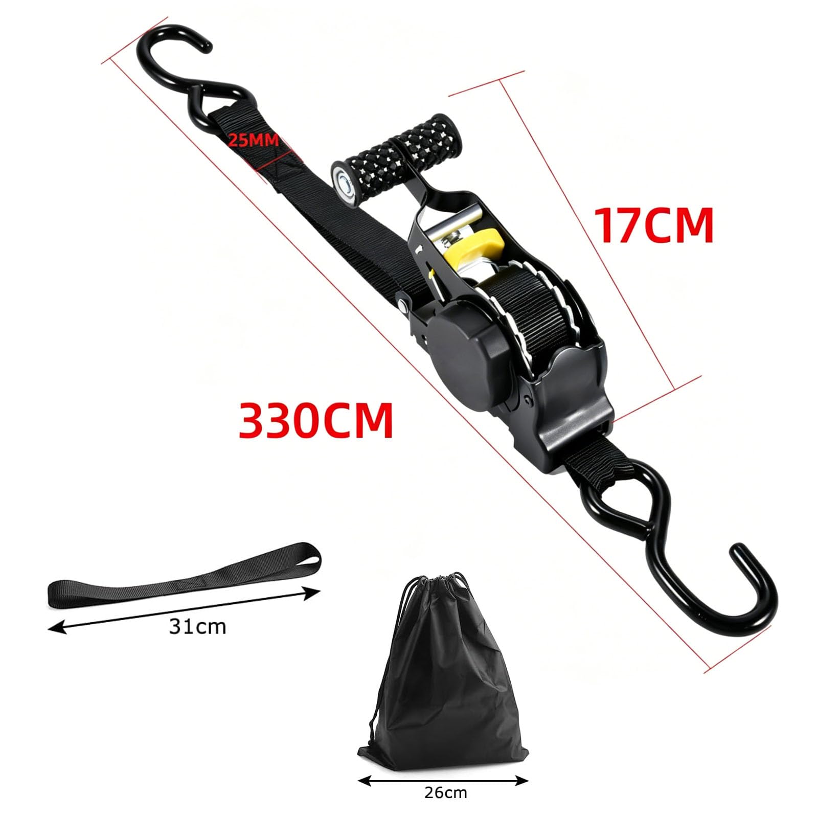 Confezione da 4 cinghie di ancoraggio automatiche, 2,5 cm x 3,3 m, con gancio a S, auto-avvolgente, carico di rottura 680 kg, cinghie di ancoraggio pesanti per auto, moto, furgoni, camion