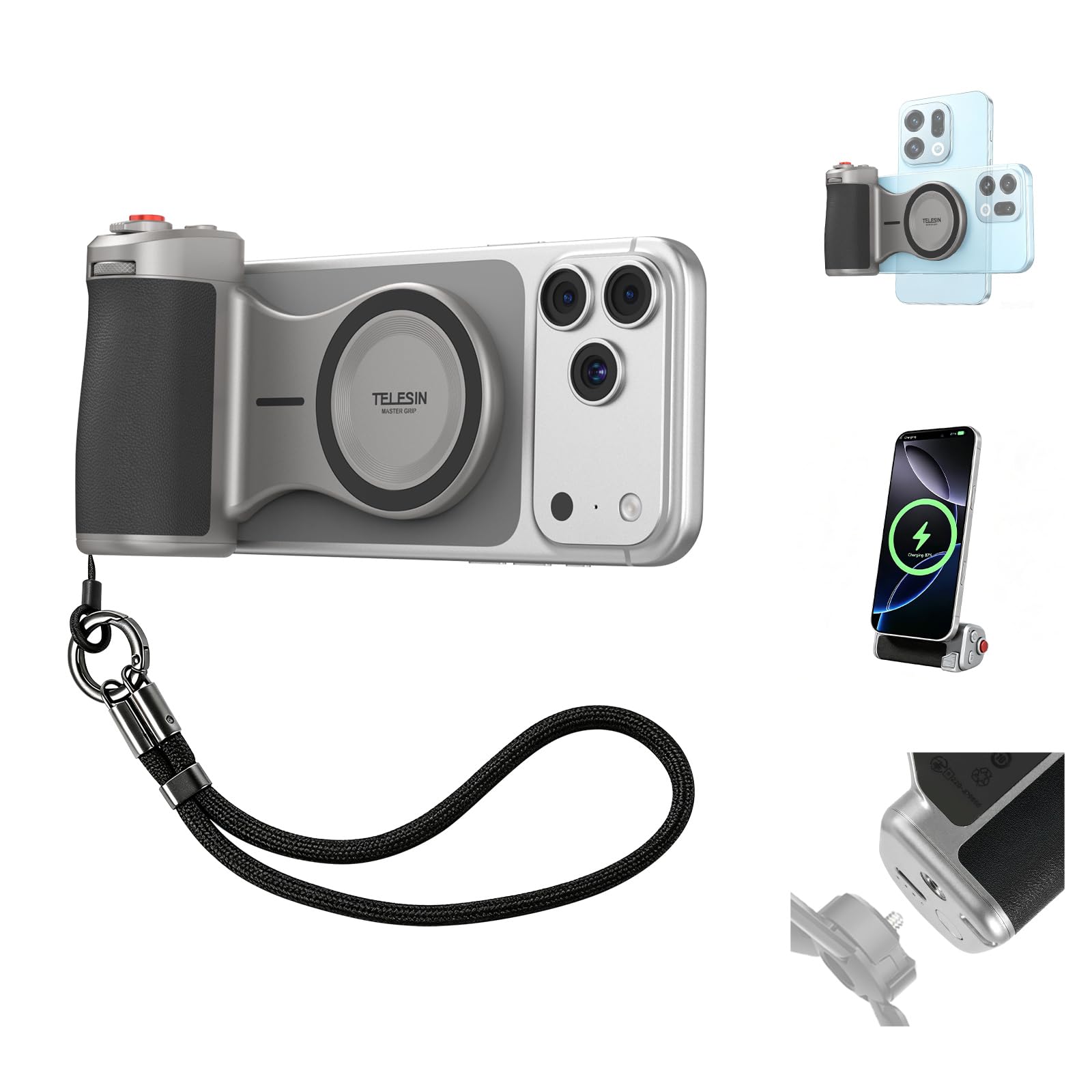 Impugnatura Master Grip per iPhone e Android, impugnatura magnetica per foto con batteria da 3200 mAh, ricarica wireless, kit professionale per scatti con smartphone per iPhone 17-12 e Android