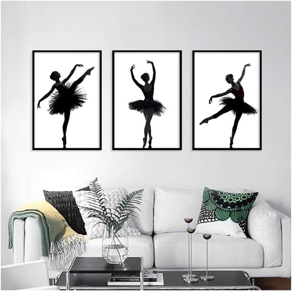 Amazon ブラックホワイトバレエ少女創造的な影絵キャンバス絵画壁アートプリントポスターリビングルームオフィス家の装飾19 6 X 27 5 50x70cm X3フレームなし ウォールステッカー オンライン通販