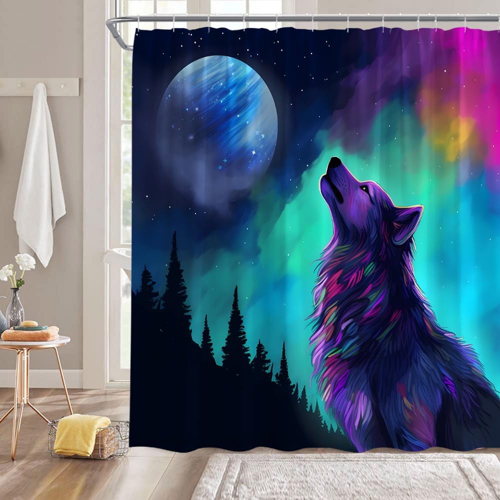 Galaxy Wolf Shower Curtain Howling Wolf Spirit with Aurora Full Moon Pine Tree Forest Modern Abstarct Fantasy Gothic Halloween Fabric Bathroom Decor Curtain with Hooks