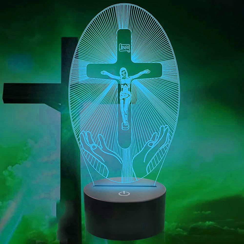 Jinson well 3D Gesù Croce Luce Notturna LED Lampada Ottica Notte Luce Illusione 7 Cambio Colore Tavolo Decorazione Lampade con Acrilico Flat ABS Base