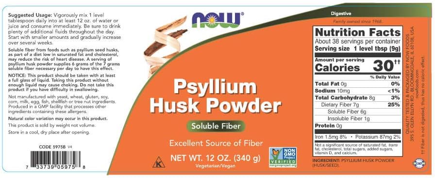 NOW Supplements, Psyllium Husk Powder, Non-GMO Project Verified, Soluble Fiber, 12-Ounce : Health & Household