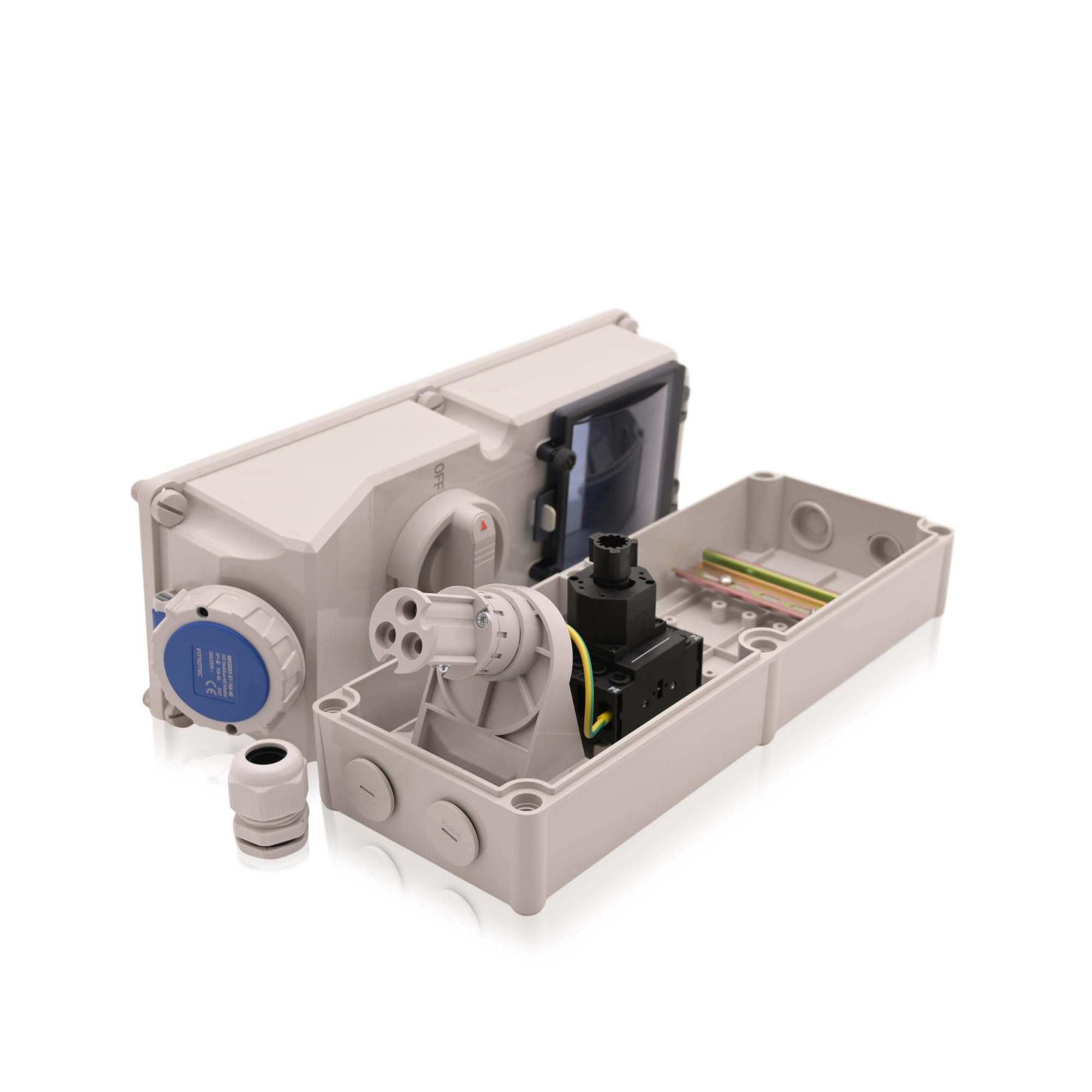 Intratec CEE Wandsteckdose 16A 3-polig IP67 – Schalter abschließbar, DIN-Schiene für LS/FI, vorverdrahtet, 230V AC, Abdeckung transparent, ABS-Gehäuse Grau