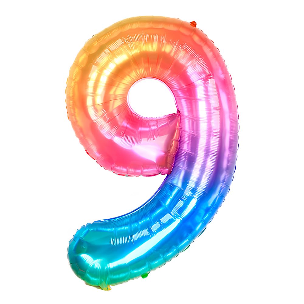 Ponmoo 40 inches Foil Balloons Numbers 9 Neon Rainbow (101cm), Inflatable Helium or Air, Giant Balloon Number 0-9, 10-29, 30-100, Grand Balloons for Anniversary Wedding Birthday Party Decoration