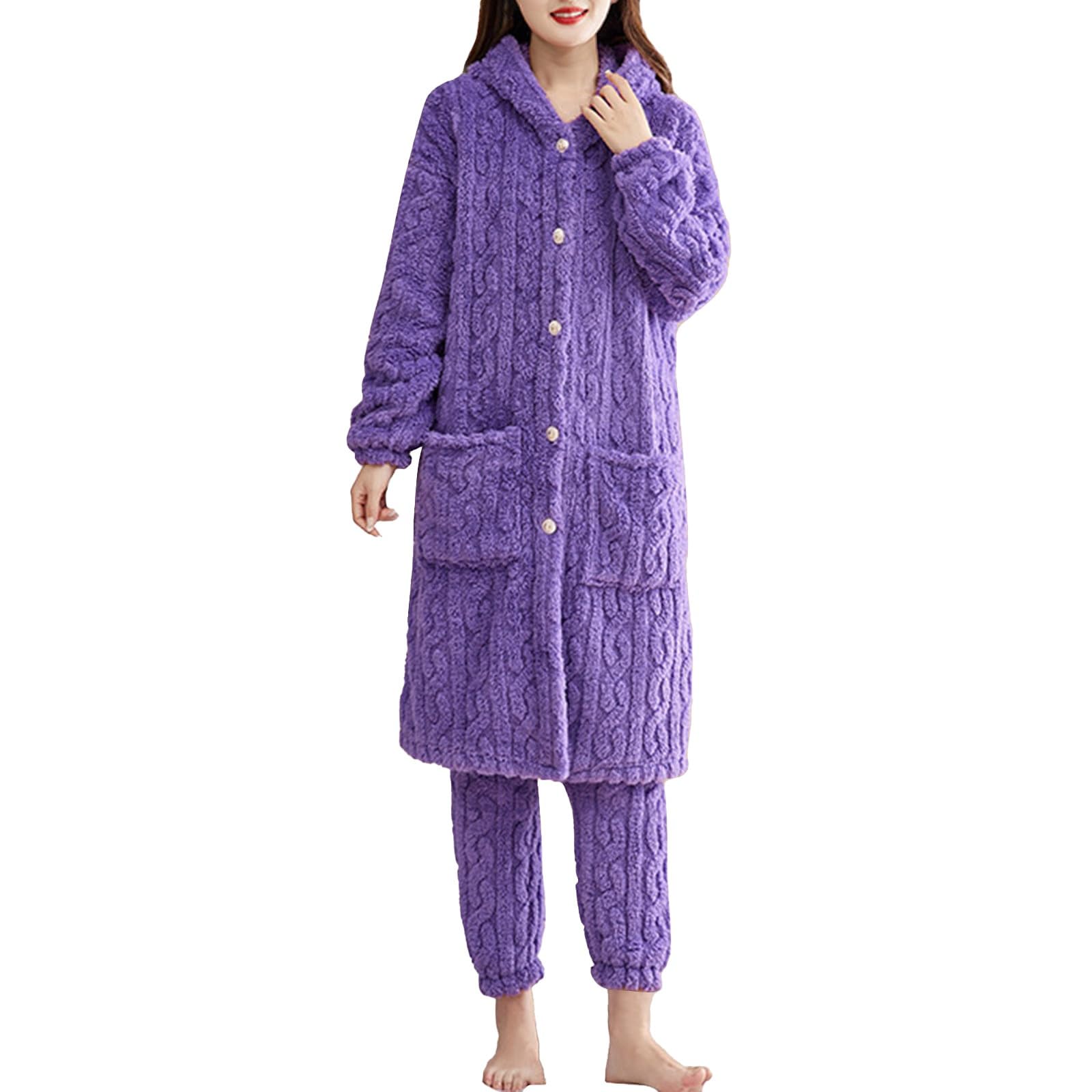 Conjunto de pijama largo y pantalón para mujer, conjunto de pijama de invierno para mujer, forro polar coral, bata con botones y pantalones con puños, conjunto de ropa de dormir de 2 piezas, ropa de