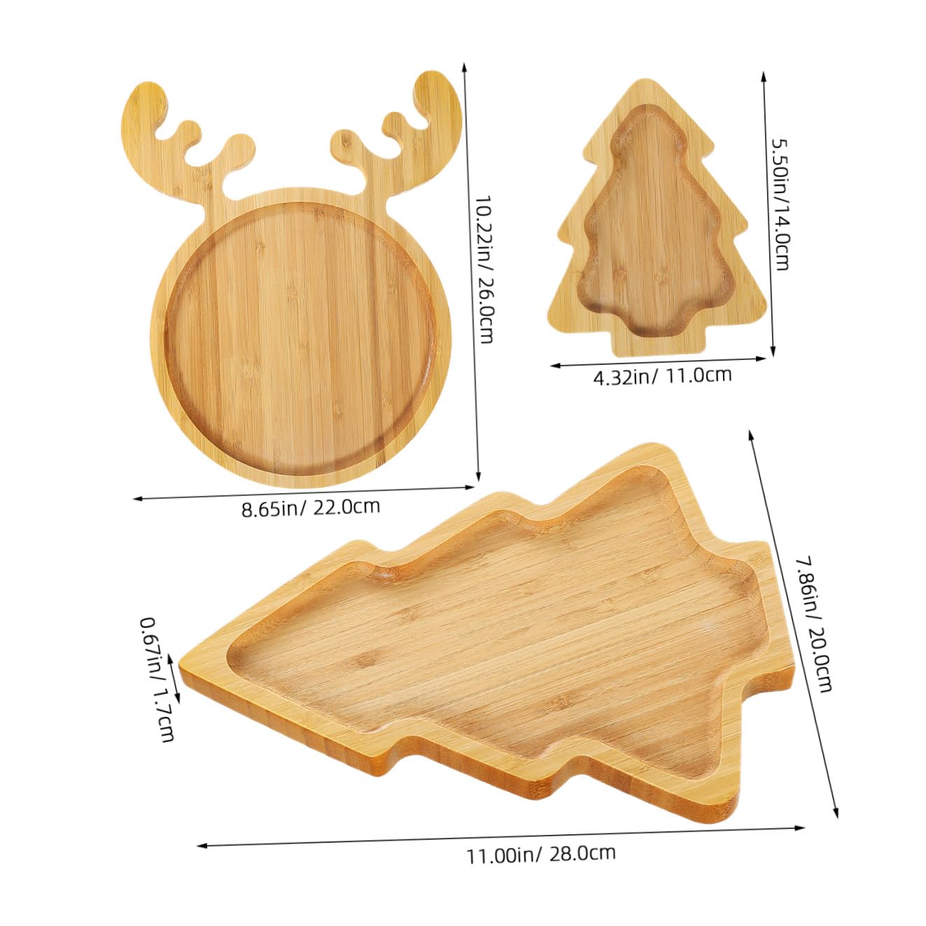 Bandeja de Postres de Madera Forma de Ciervo y Árbol de Navidad, Paquete de 3 Piezas Gran Capacidad para Restaurantes y Banquetes, sin Rebabas y Efecto Decorativo