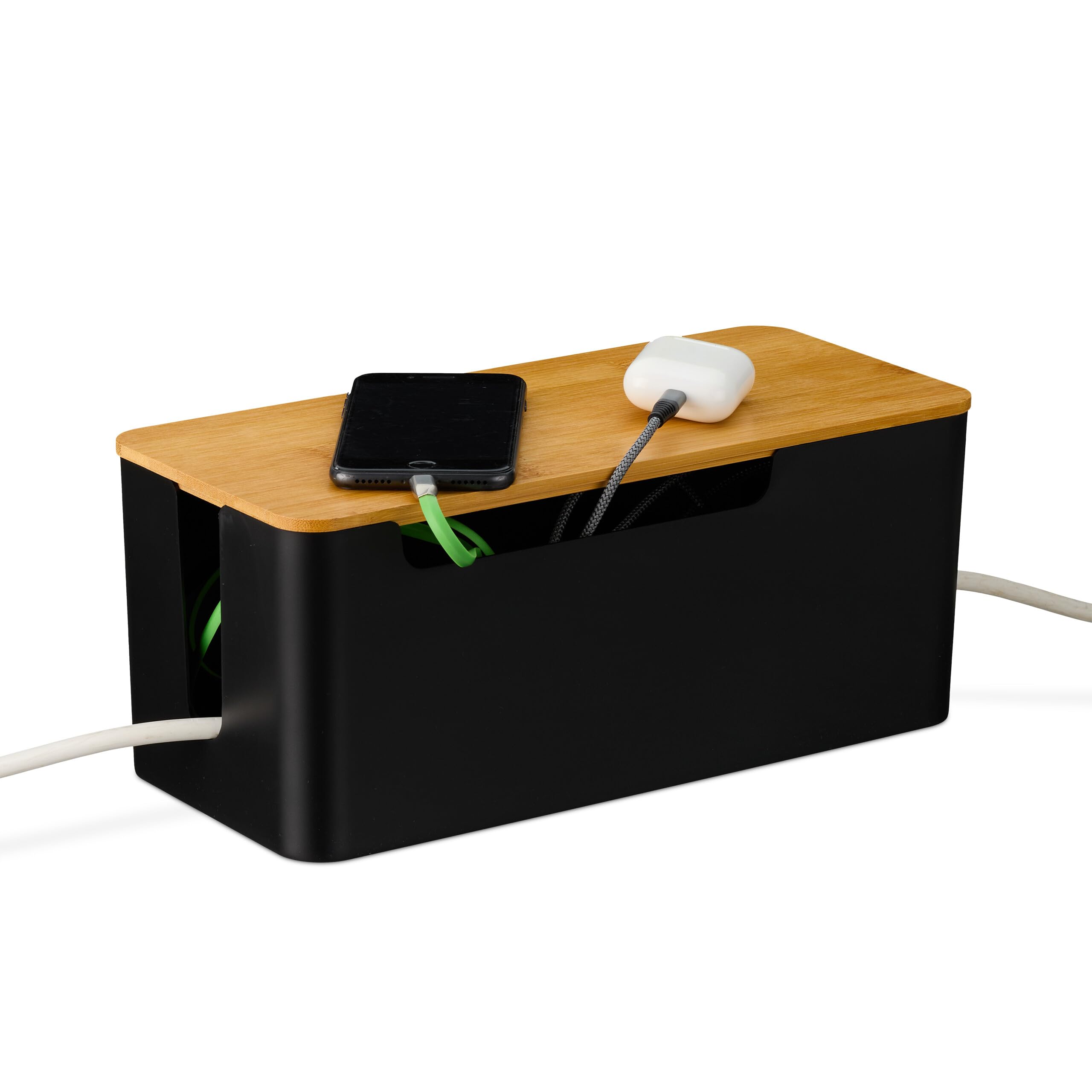 Relaxdays Cable Organiser Box, for 2 Extension Leads, Bamboo Lid, Plastic, 13x31x14 cm, Wire Management, Black/Natural
