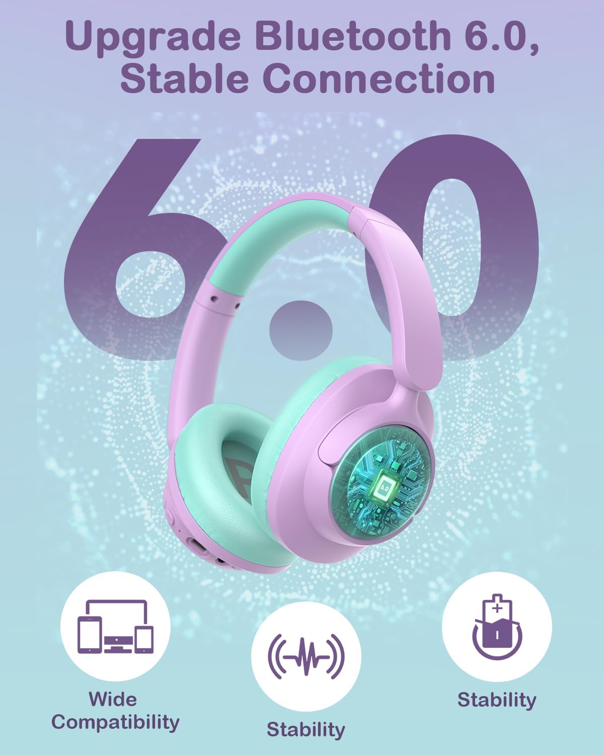 Hybrid Active Noise Cancelling Headphones for Kids, Wireless Bluetooth 6.0 Headset, 100H Playtime, Built-in Mic, Type-C Fast Charging, 94dBA Safe Volume, Colorful LED Lighting