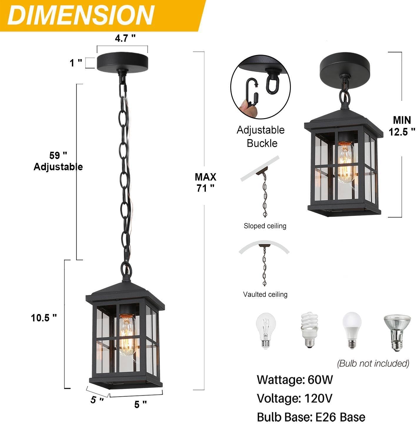 Outdoor Pendant Light Fixture, Farmhouse Exterior Hanging Lights with Adjustable Chain, Black Ceiling Outdoor Light with Clear Glass, Square Hanging Lantern for Front Door, Entry, Porch, and Gazebo