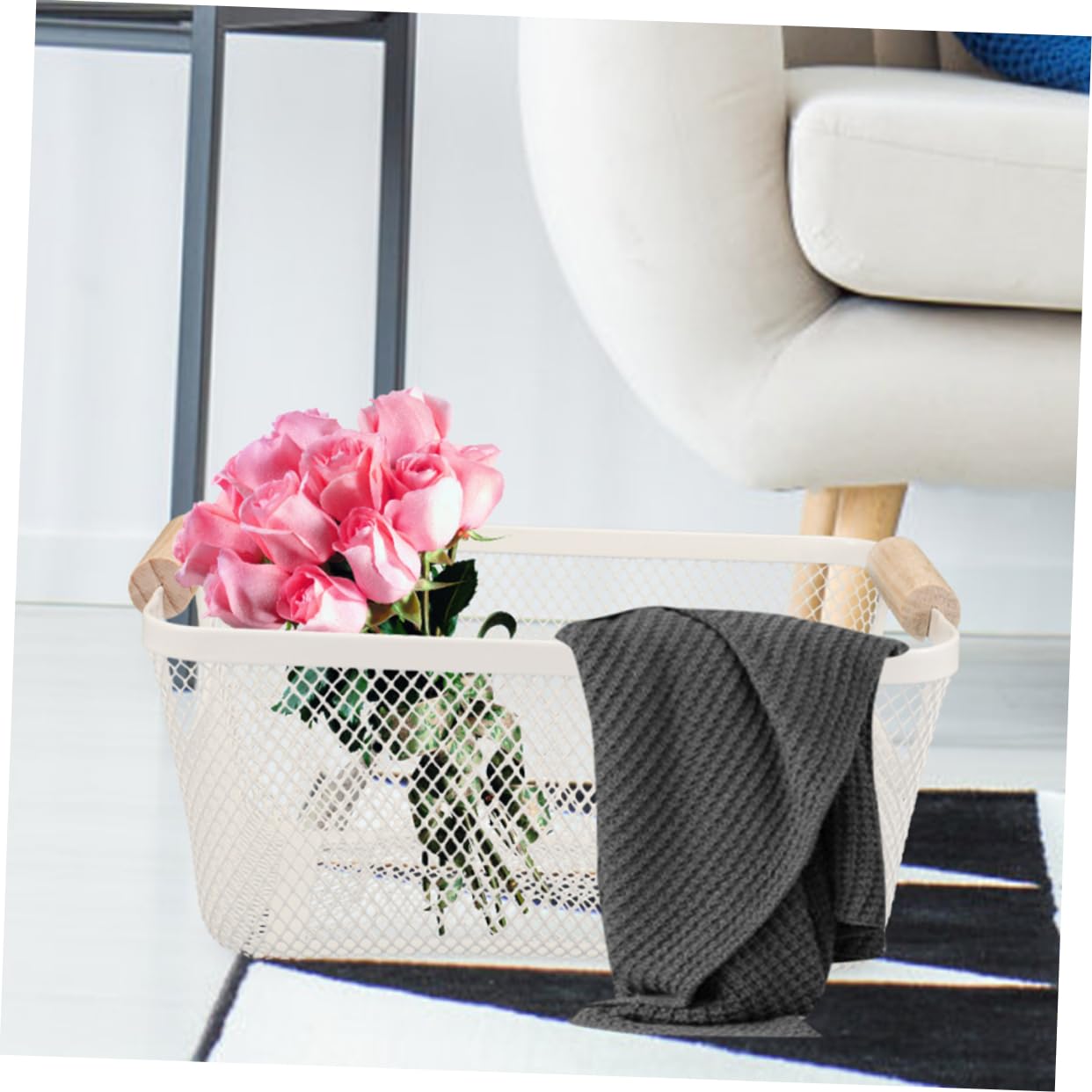 Cabilock Cesta Organizadora Rectangular de Hierro Asa de Madera