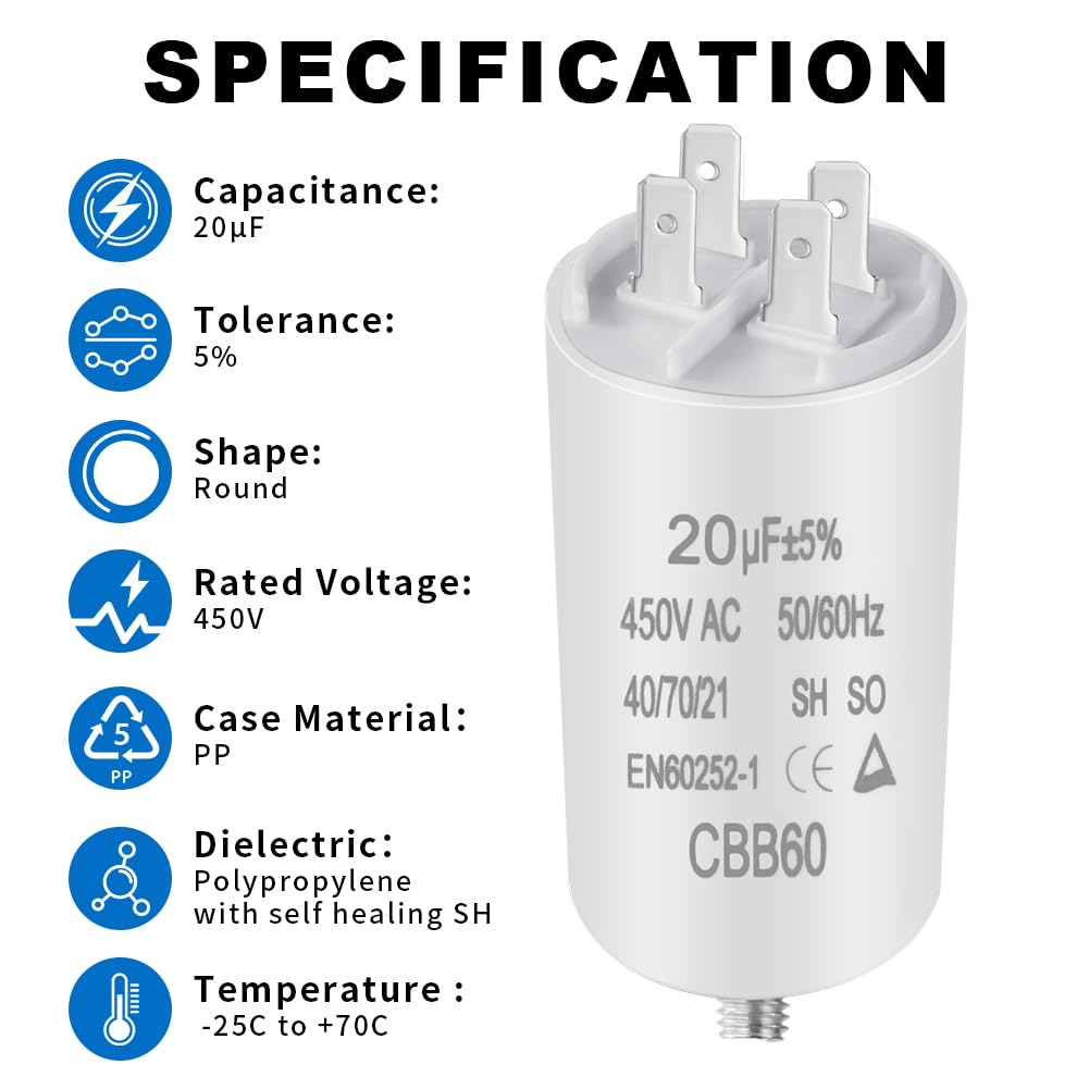 OFFCUP CBB60 Condensatore di Avviamento 20μF 450VAC Motore Elettrico Universale