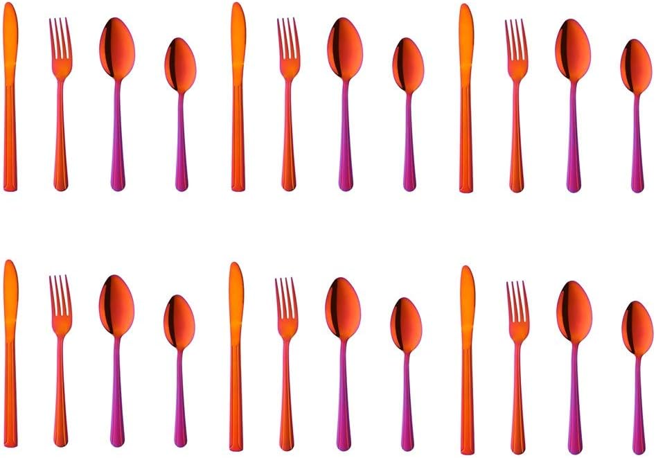 BuyGo 24-Piece Rainbow Red Stainless Steel Dinnerware Set - 6pcs Knife/Fork/Spoon/Tea Spoon Service for 6, Classic Design & Dishwasher Safe