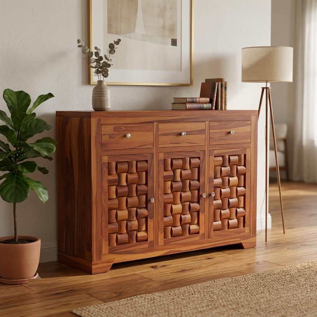 Solid Sheesham Wood Sideboard Cabinet for Living Room | Wooden Buffet Cabinet with 3 Drawers & 3 Doors | Kitchen Crockery Storage Cabinet for Dining Room | Honey Finish-image-23